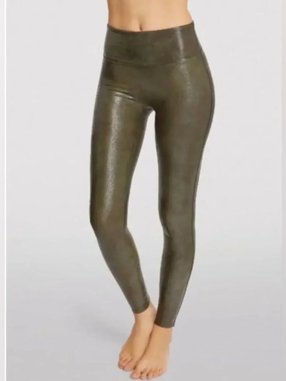 Spanx Faux Leather Croc Embossed Leggings Dark Olive High Rise Slim Fit Size M